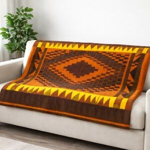 Bierderlack Vintage Aztec Plush Acrylic Blanket Throw Orange Brown 56x102 Retro
